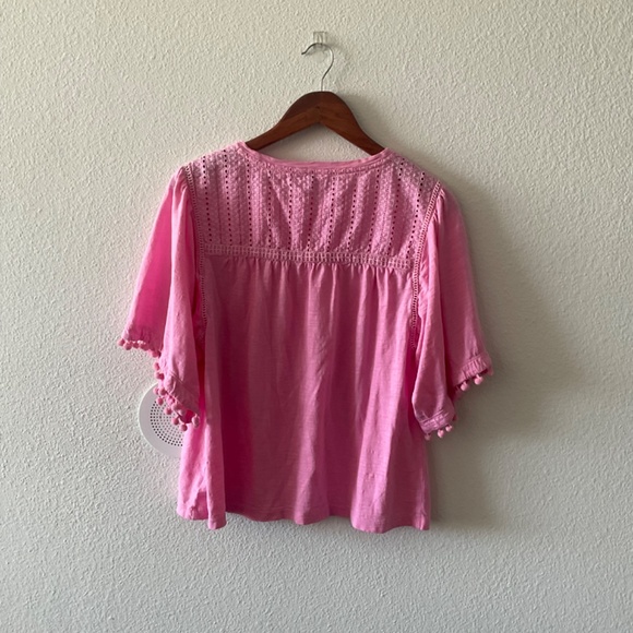 Crown & Ivy Pink Eyelet Pom Pom Cotton Blouse S - Picture 2 of 6